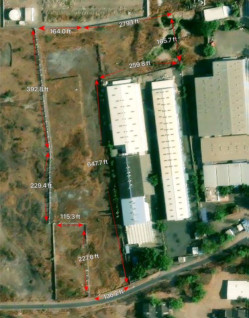 Satellite image of the Sanaswadi plot with boundary measurements marked in feet